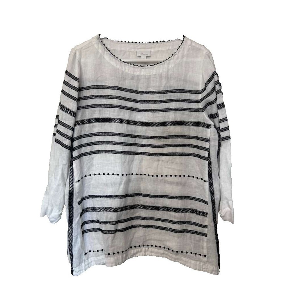 J.Jill 100% Linen Top Women's Large White Black Stripe Blouse